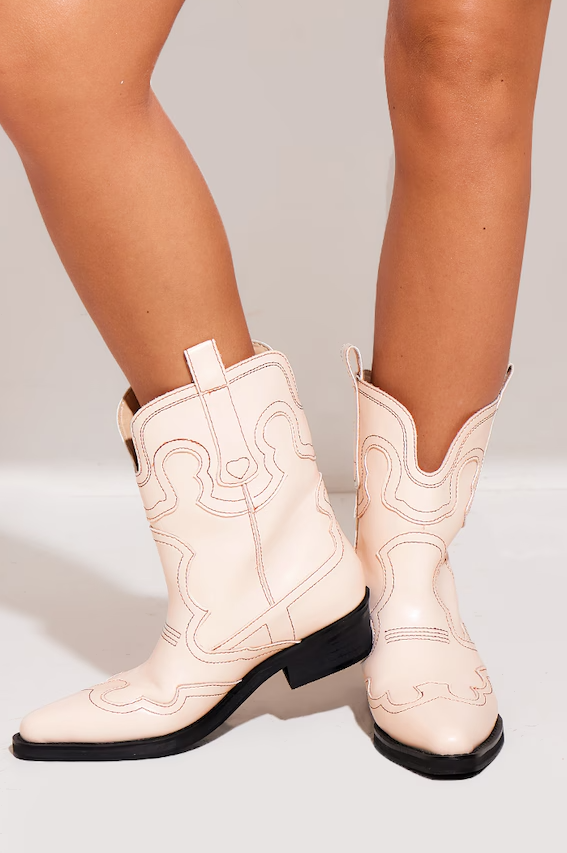 Cream Pu Point Toe Ankle Western Boots