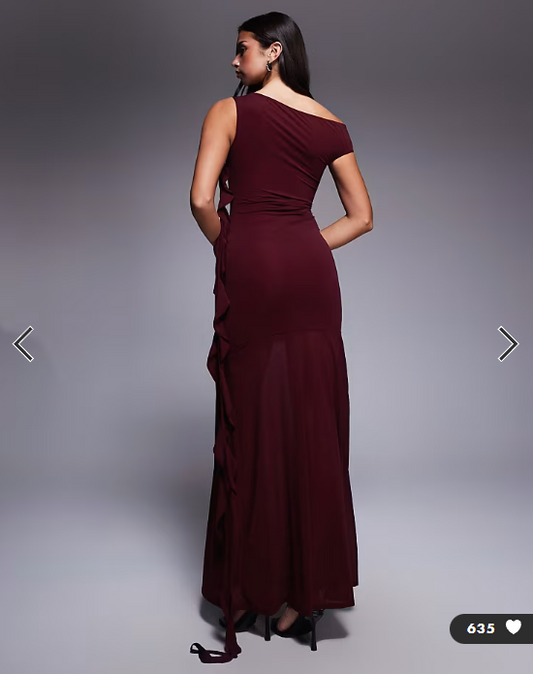 ASOS DESIGN stretch chiffon maxi dress with cut out and ruffle detail in mulberry
