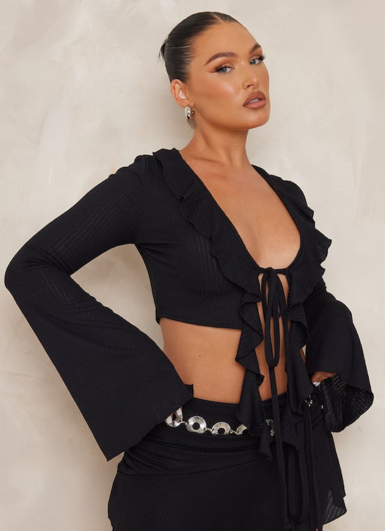 Black Textured Rib Ruffle Front Detail Crop Top