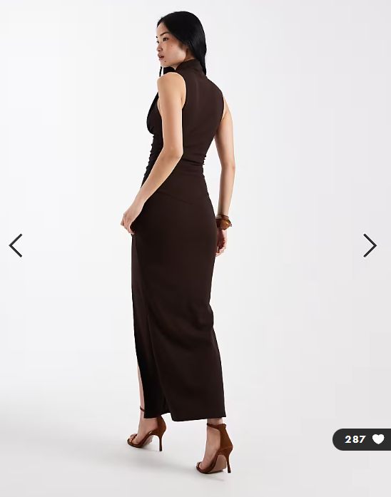 ASOS DESIGN ruched bodice maxi dress with grown on neck in chocolate