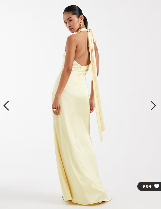 TFNC Bridesmaid satin halter neck pleat detail maxi dress in butter lemon