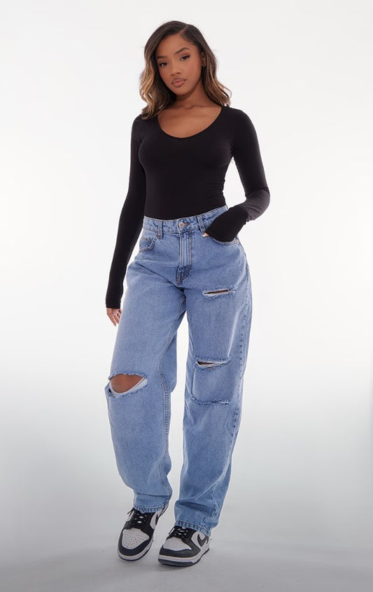 Basic Black Cotton Blend Plunge Long Sleeve Bodysuit