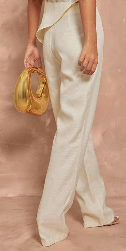 Plt - Cream Textured Woven Raw Hem Low Rise Straight Leg Trousers