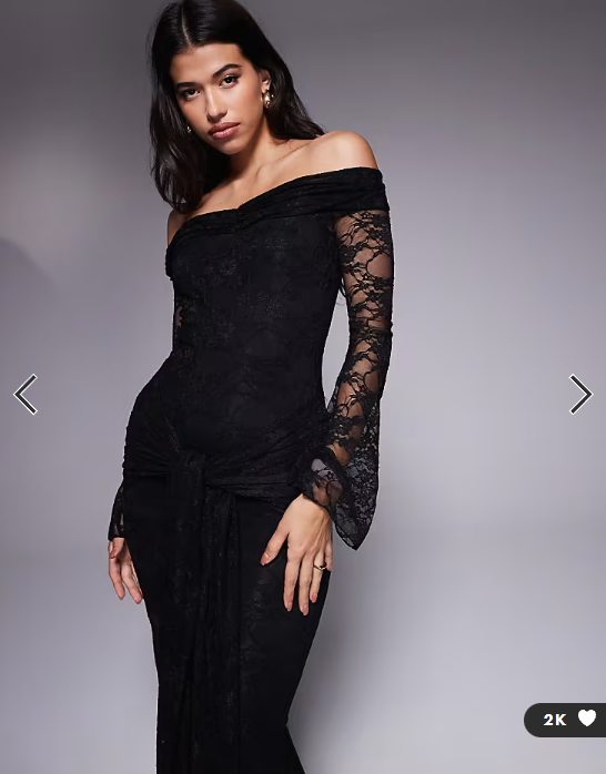 Kaiia exclusive double layered slinky lace bardot flare sleeve tie waist drape detail maxi dress in black