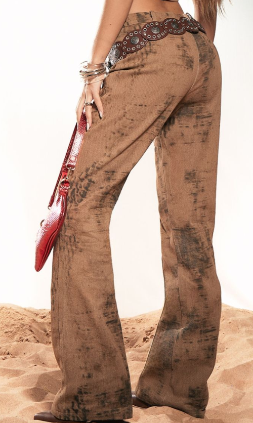 Plt - Brown Acid Wash Studded Detail Flare Jeans