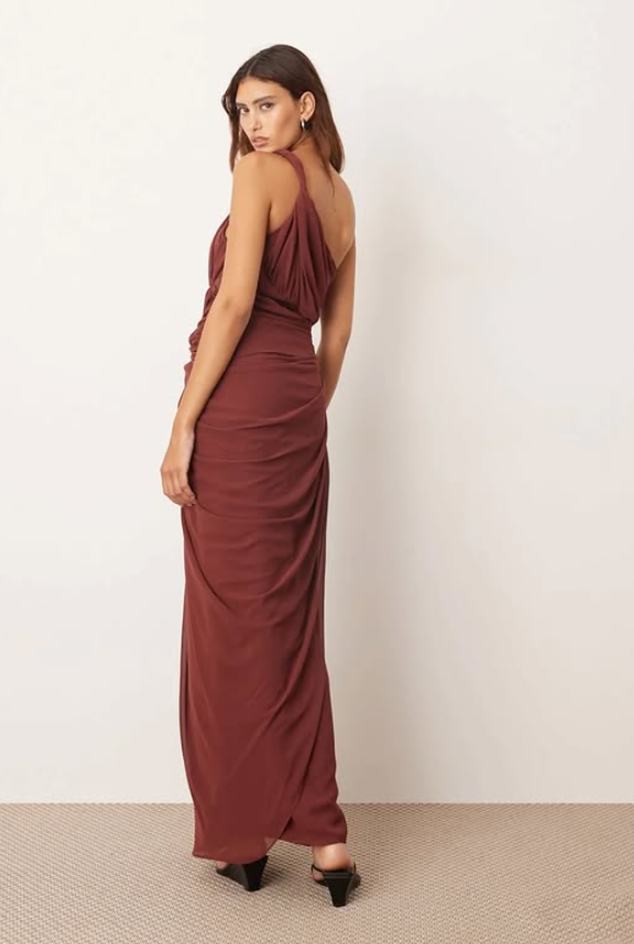 ARRANGE one shoulder draped twist detail maxi dress with metal trim detail in chocolate
