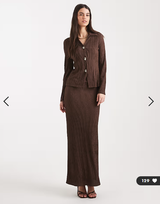 4th & Reckless textured rib collared long sleeve gold button through top co-ord in chocolate