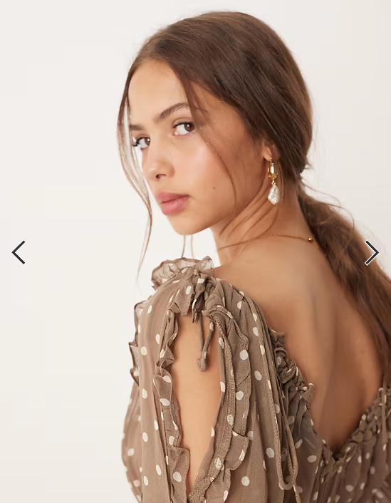ASOS DESIGN ruffle v neck mini dress with tie front in chocolate spot