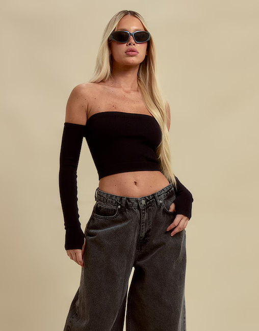 Black Structured Contour Rib Bardot Crop Top