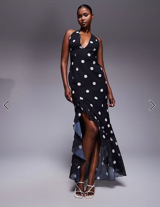 Murci exclusive halterneck deep plunge ruffle high low hem maxi dress in black polka dot