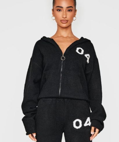 Petite Black Knitted Zip Up Embroidered Hoodie