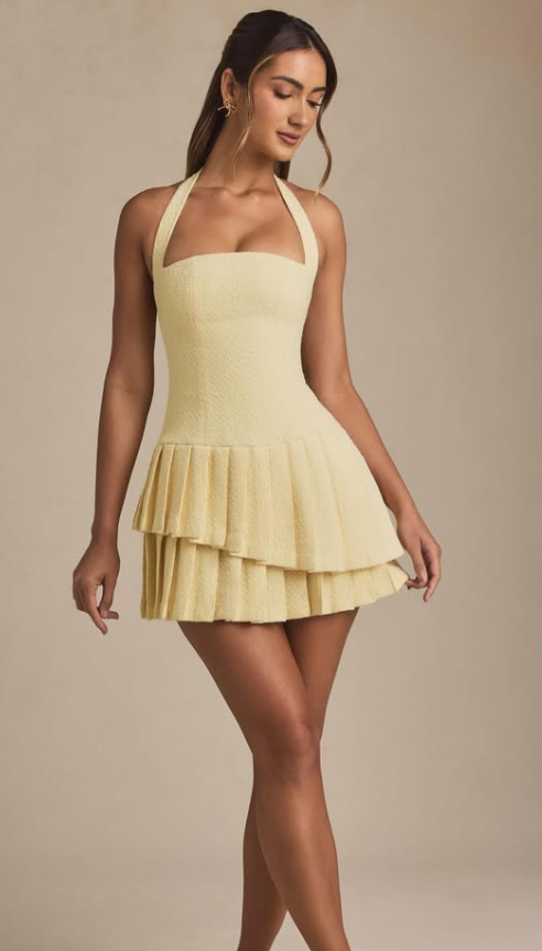 OhPolly-Asymmetric Layered Halterneck Mini Dress in Pastel Yellow