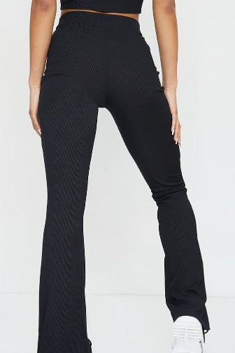 Black Rib Split Hem Flared Trousers