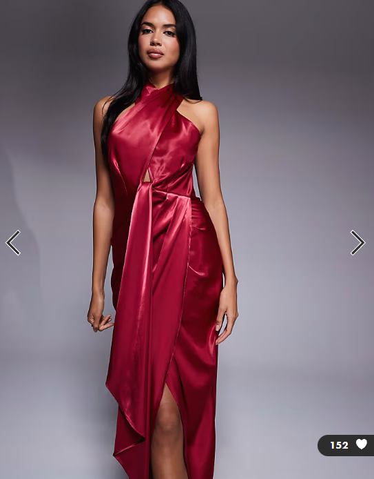 TFNC halter neck dress with wrap skirt in red satin