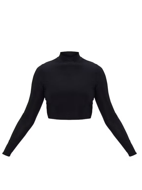 Rio Black Slinky High Neck Long Sleeve Crop Top