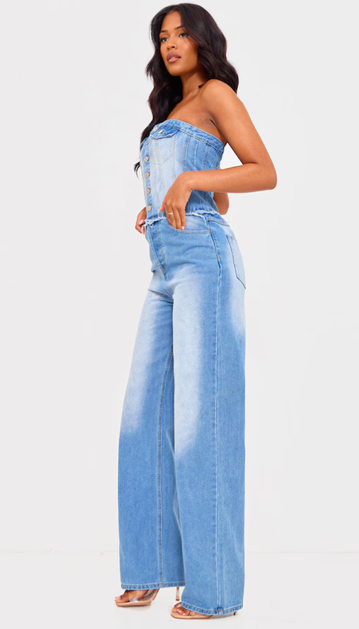 Tall Light Blue Wash Button Up Bandeau Denim Jumpsuit