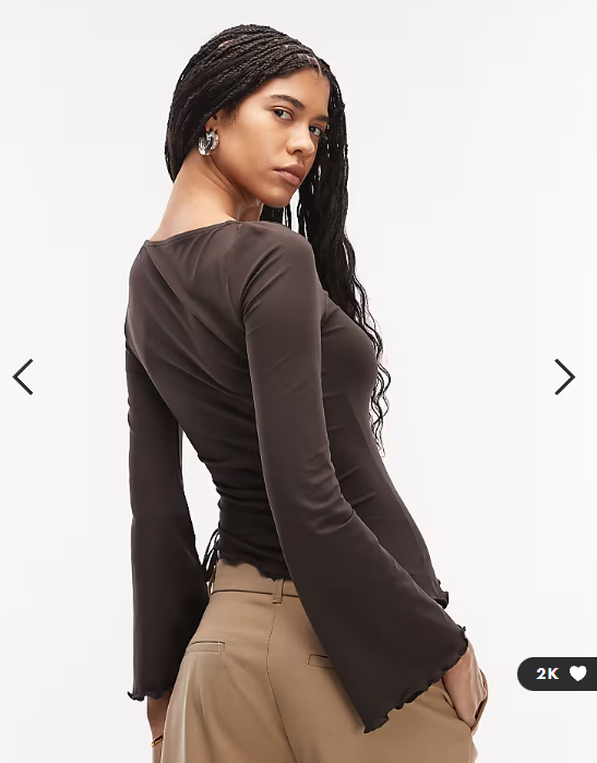 ASOS DESIGN drawstring detail top with flute sleeve in chocolate