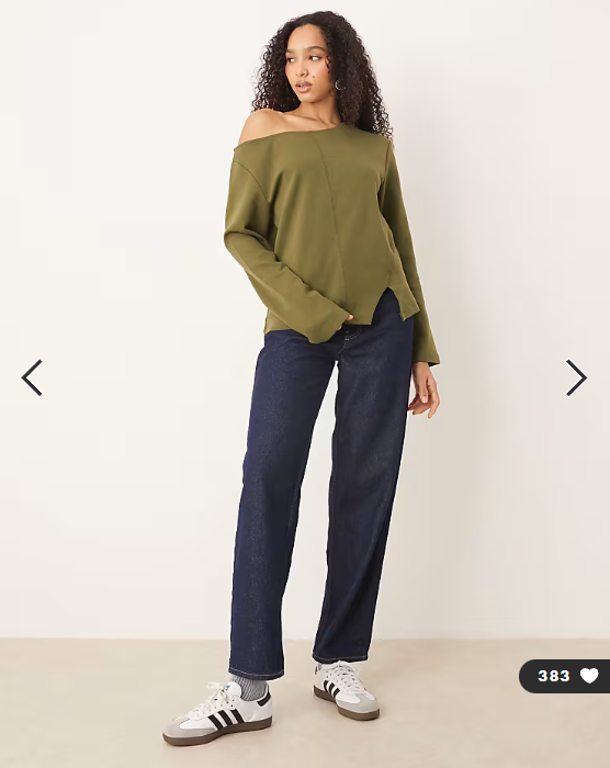 ASOS DESIGN interlock front seam off the shoulder long sleeve t-shirt in khaki