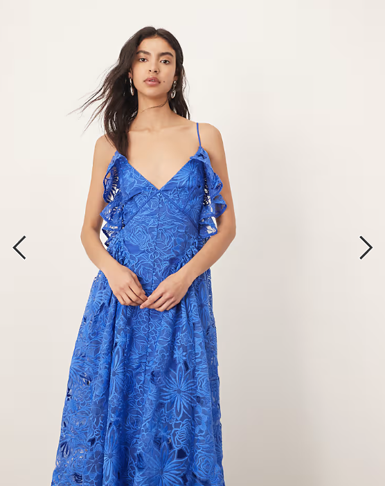 ARRANGE cutwork lace drop waist ruffle detail midi dress with tie back in cobalt blue