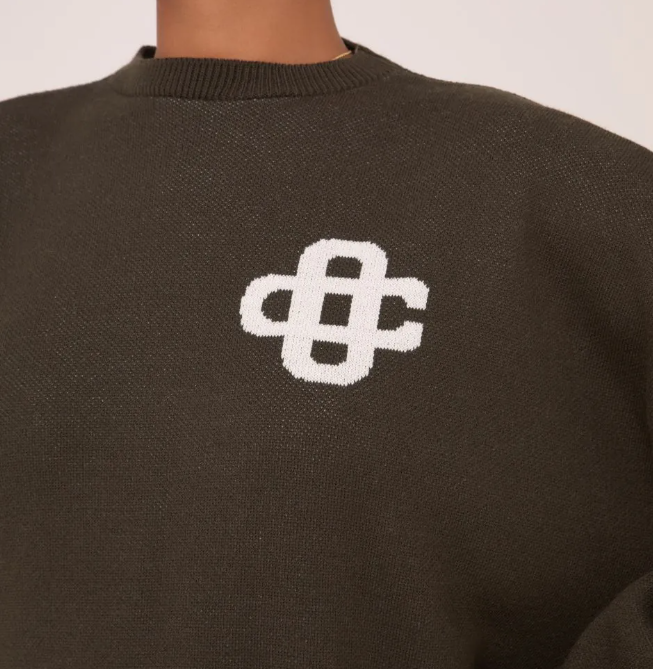 Ego - High Neck Oversized Contrast Swirl Detail Sweatshirt In Dark Khaki Green Knit