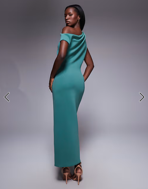ASOS DESIGN one shoulder drape neck midi dress in teal scuba-style fabric