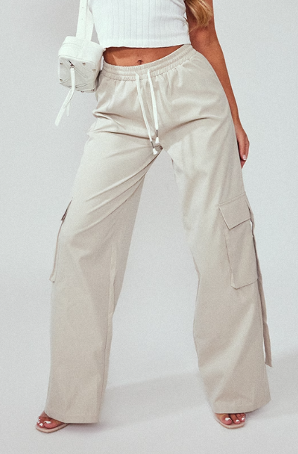 Stone Elasticated Waist Wide Leg Cargo Trousers