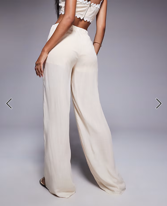 Missyempire cotton scallop trim waist detail wide leg trousers co-ord in beige
