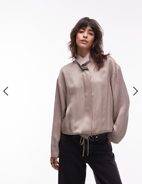 ASOS DESIGN satin funnel neck shirt in mocha co ord
