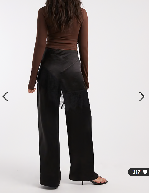 ASOS DESIGN tailored wide leg satin trousers with lace trim skirt overlay in black