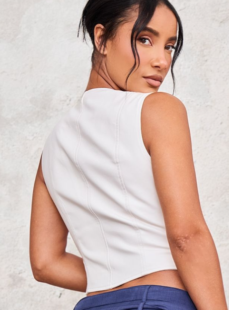 Ecru Faux Leather Fitted Waistcoat