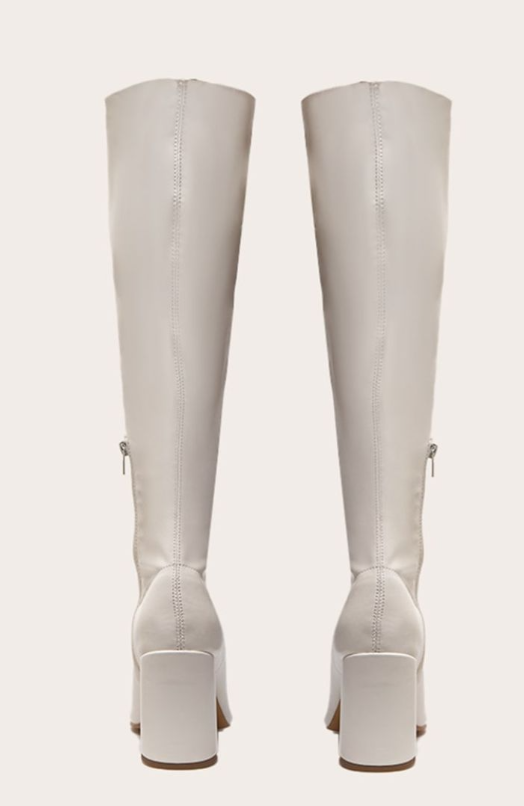 Plt - Cream PU Wide Fit Round Toe Knee High Block Heeled Sock Boots