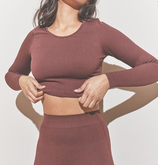 Chocolate Structured Contour Ribbed Round Neck Long Sleeve Crop Top