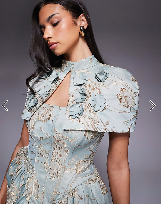ASOS LUXE jacquard corset skater dress with cape detail and 3D flowers in blue floral