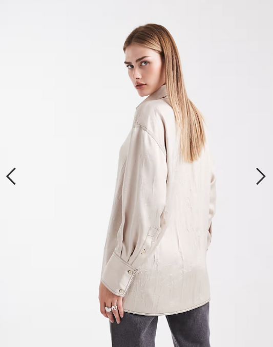 ASOS DESIGN crushed satin contrast stitch longline shirt in ecru