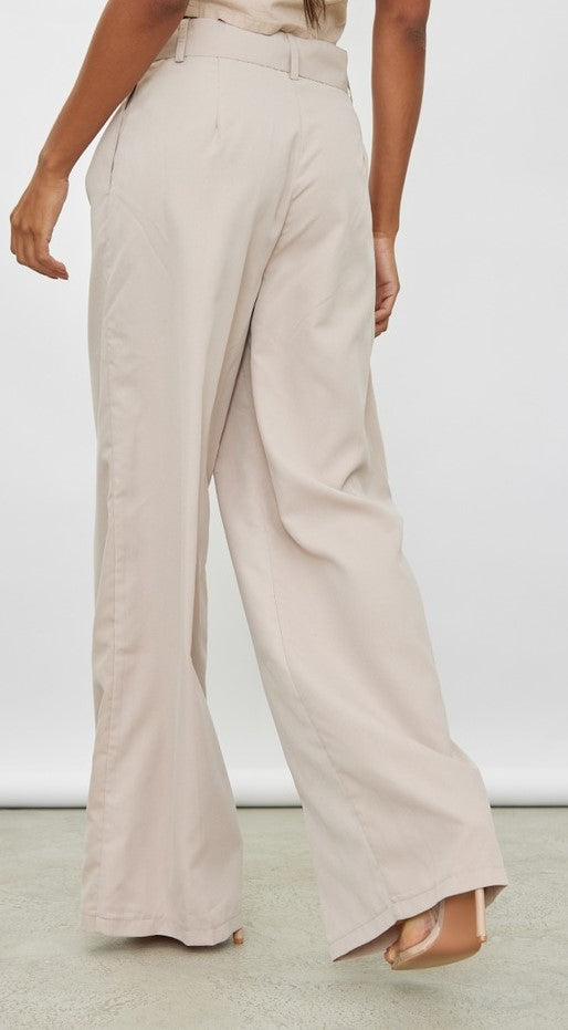 Stone Woven Belted Wide Leg Tailored Pants