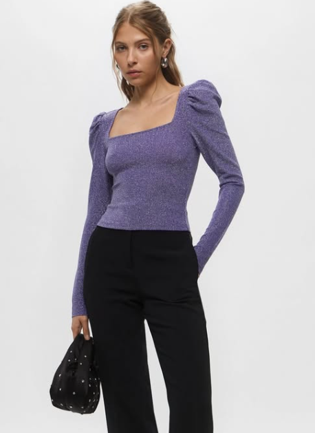 H&M - glitter Purple puff shoulder top