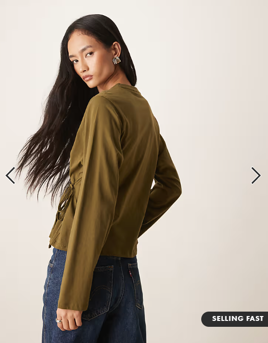 ASOS DESIGN tie waisted detail long sleeve top in khaki