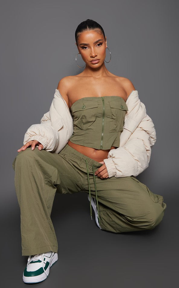 Khaki Shell Zip Up Pocket Front Bandeau Corset