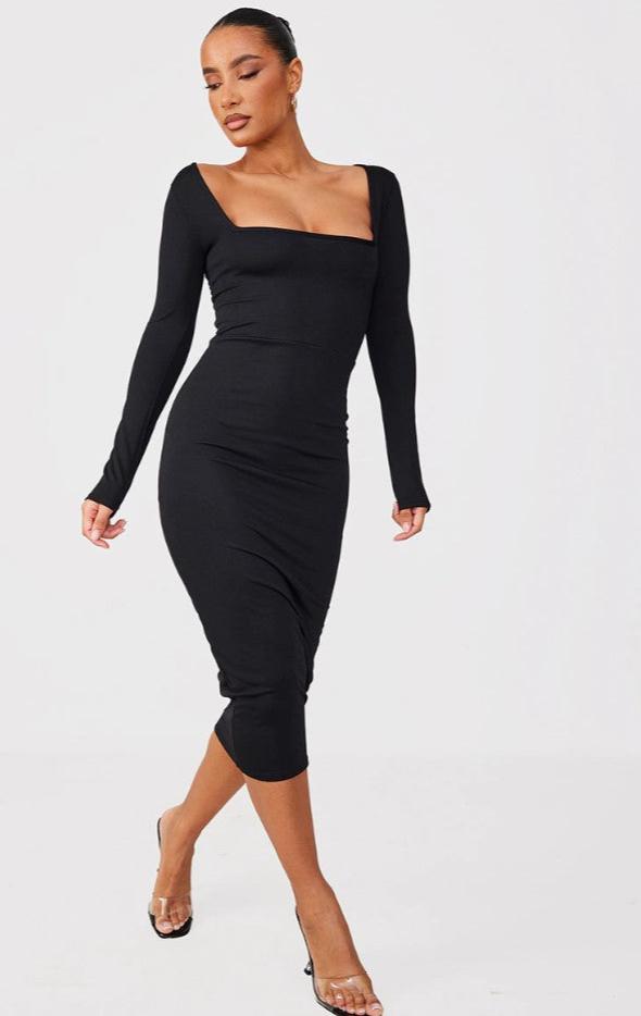 Black Square Neck Long Sleeve Midaxi Dress