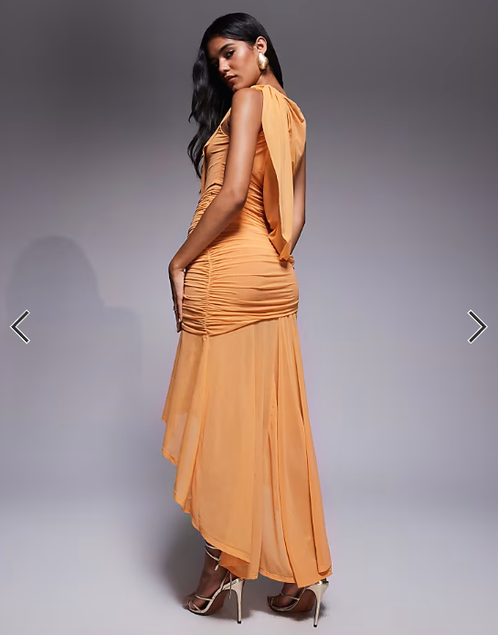 ASOS DESIGN ruched maxi dress with high low hem in apricot