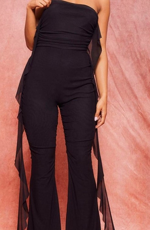 Black ruffle detail bandeau drape mesh lined jumpsuit