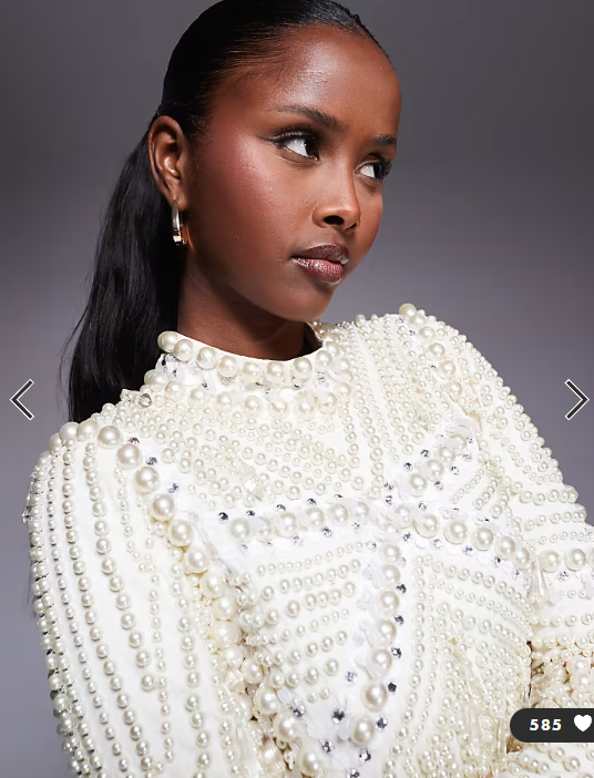 ASOS LUXE pearl embellished long sleeve mini dress in cream