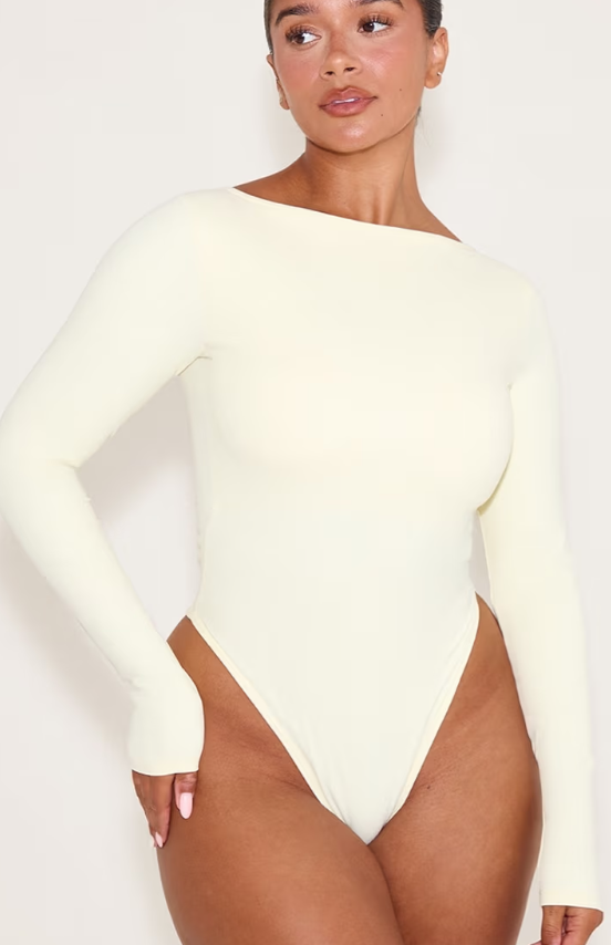 Prettylittlething Shape BUTTER CREAM Built In Bra Sculpt Boat Neck Long Sleeve Bodysuit