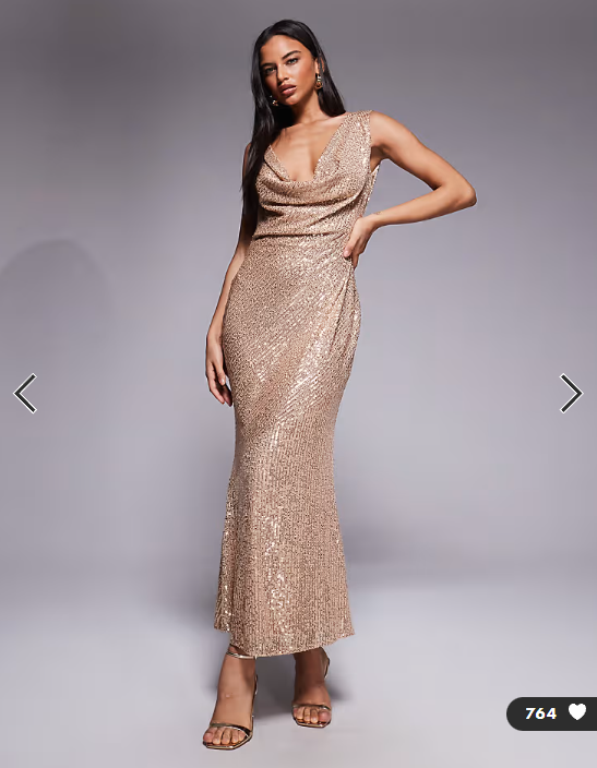 TFNC cowl neck maxi dress with open back in gold sequin
