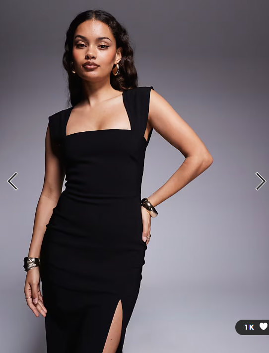 Vesper - petite bengaline square neck thigh split midi dress in black