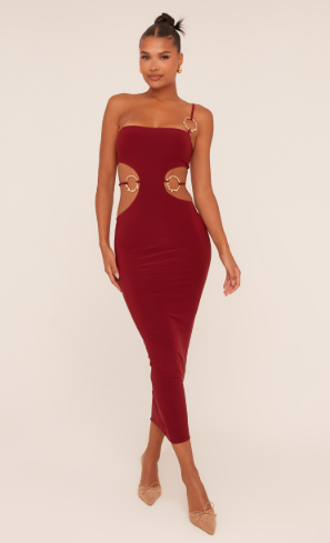 One Shoulder Cut Out Ring Detail Maxi Dress In Wine Slinky
