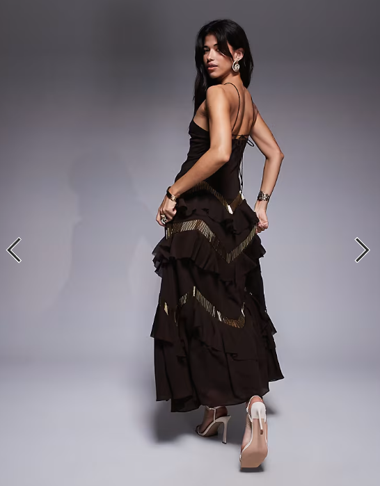 ASOS DESIGN halter neck tiered embellished ruffle maxi dress in chocolate