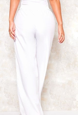 White Woven Wide Leg Cargo Trousers