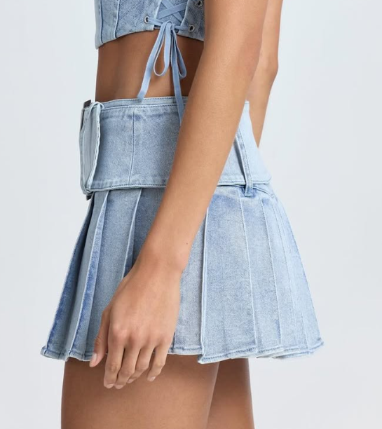 OhPolly-Belted Pleated Low-Rise Micro Mini Skirt in Light Blue Stonewash