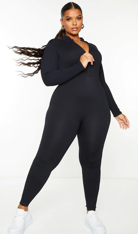 Plus Black Structured Snatched Rib High Neck Jumpsuit